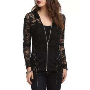 Royal Bones Daang Goodman Black Hooded Zip Up Sheer Lace Corset Goth Steampunk S